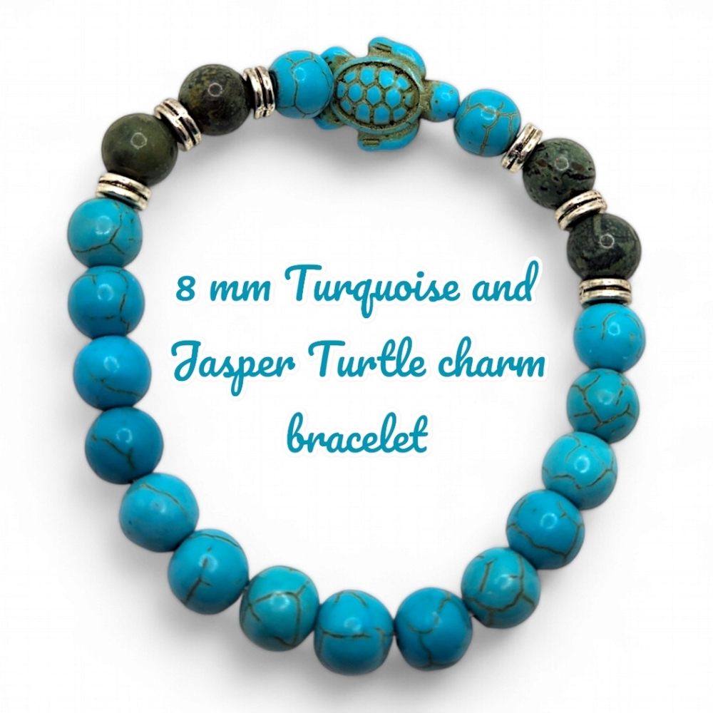 8 mm Turquoise and Jasper Turtle charm bracelet